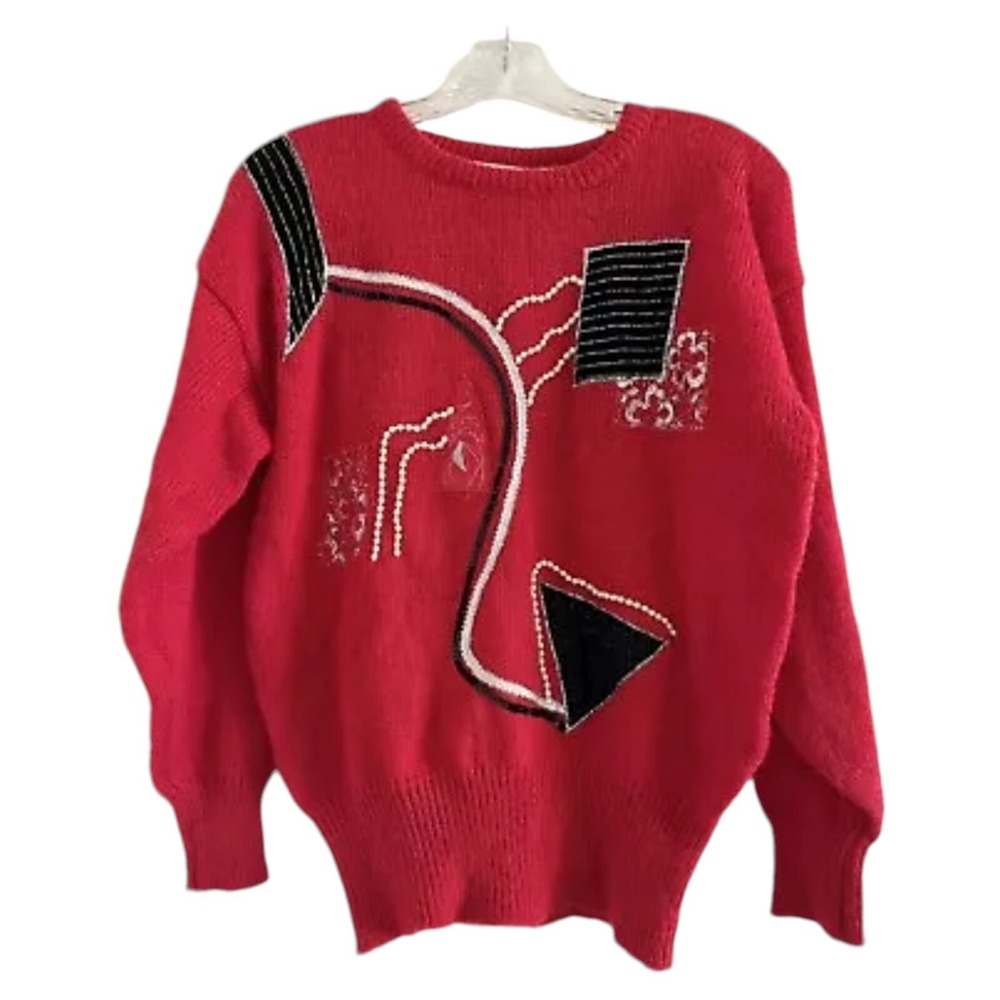 GLITZ by UNIT (Vtg)Red Knit Abstract Sequin 80s Geometric Beads‎ Sweater-MEDIUM